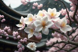 ciliegia fiorire sakura fiore su blu cielo sfondo, ai generativo foto