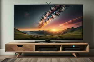 tv su il di legno Consiglio dei ministri nel moderno vivente camera. ai generativo foto