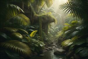 un' sentiero nel tropicale foresta pluviale con palma alberi e sentiero nel il nebbia. ai generativo foto