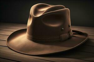 cowboy cappello su un' di legno tavolo. ai generativo foto