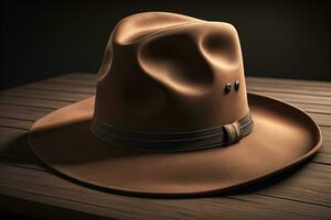 cowboy cappello su un' di legno tavolo. ai generativo foto