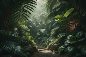 un' sentiero nel tropicale foresta pluviale con palma alberi e sentiero nel il nebbia. ai generativo foto