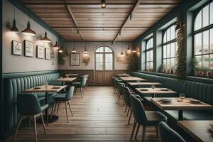 interno di un' moderno bar con blu muri e di legno pavimento. ai generativo foto