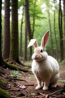 vicino su realistico foto di un' coniglio nel il foresta, sfocato sfondo, ai generativo