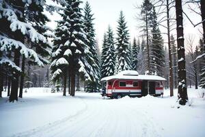 realistico foto paesaggio di inverno neve foresta e camper