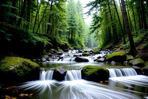 realistico foto paesaggio di verde albero foresta e torrente