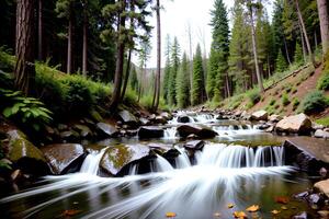 realistico foto paesaggio di verde albero foresta e torrente, ai generativo