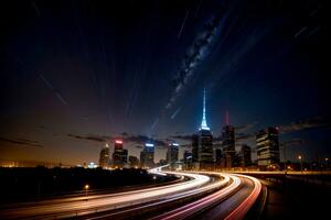 realistico foto di autostrada leggero sentieri con moderno città edificio sfondo