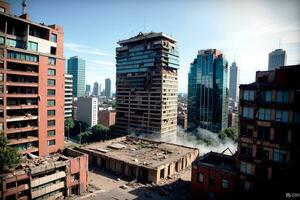 realistico foto uccello Visualizza paesaggio di distrutto rotto città edificio e strada