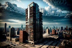 realistico foto uccello Visualizza paesaggio di distrutto rotto città edificio e strada, ai generativo