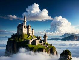 realistico foto paesaggio di maestoso castello galleggiante nel il nuvole, ai generativo