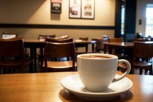 realistico foto di un' caffè tazza su legna tavolo nel un' caffè negozio con accogliente atmosfera, ai generativo