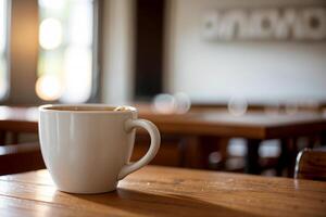 realistico foto di un' caffè tazza su legna tavolo nel un' caffè negozio con accogliente atmosfera, ai generativo