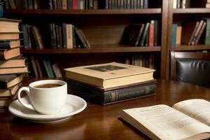 realistico foto di un' caffè tazza e libro su legna tavolo nel un' caffè negozio con accogliente atmosfera