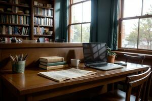 realistico foto di libro e il computer portatile su legna scrivania nel un' biblioteca studia camera con accogliente atmosfera, ai generativo