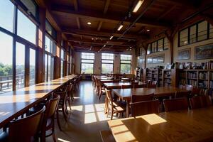 realistico foto interno di legna tavolo sedie con luminosa finestra leggero biblioteca studia camera