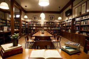 realistico foto di libro su legna scrivania nel un' biblioteca studia camera con accogliente atmosfera, ai generativo