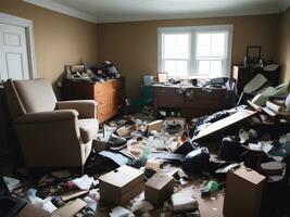 fotografia di un' ingombra vivente spazio pieno con spazzatura detriti rotto mobilia foto