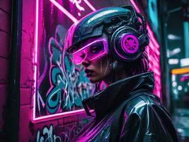 donna indossare futuro stile halmet con neon vaporwave cyberpunk strada sfondo, ai generativo foto