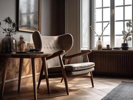 interno design di scandinavo vivente camera con montatura con ala sedia vicino rustico di legno caffè tavolo generativo ai foto