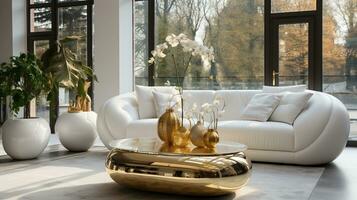 moderno lusso vivente camera con accogliente bianca divano e d'oro caffè tavolo generativo ai foto