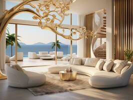 lusso villa su il mare interno design di il moderno vivente camera con d'oro sculture generativo ai foto