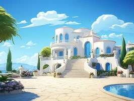 tradizionale mediterraneo bianca Casa con blu cielo generativo ai foto