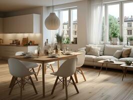 studio appartamento con cenare tavolo e sedie interno design di moderno vivente camera generativo ai foto
