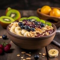 acai ciotola con frutta Kiwi Mela Banana e cereale generativo ai foto