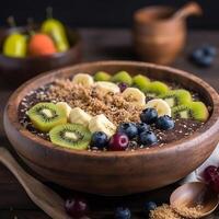 acai ciotola con frutta Kiwi Mela Banana e cereale generativo ai foto