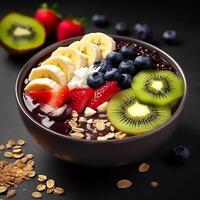 acai ciotola con frutta Kiwi Mela Banana e cereale generativo ai foto