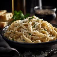 fettuccine Alfredo con parmigiano formaggio generativo ai foto