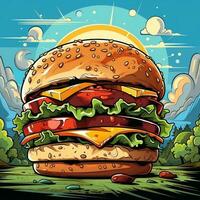 cartone animato stile delizioso formaggio hamburger su colorato pop arte retrò sfondo generativo ai foto