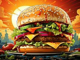 cartone animato stile delizioso formaggio hamburger su colorato pop arte retrò sfondo generativo ai foto