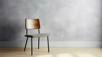 minimalista elegante, soffitta stile sedia crea un' Impressionante presenza contro un' vuoto parete sfondo. generativo ai foto
