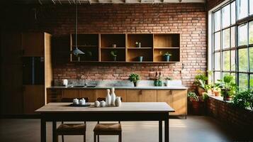 moderno cucina interno con rosso mattone parete, grande finestra e di legno tavolo. generativo ai foto