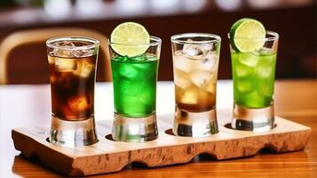 alto bicchieri con cocktail verde messicano impostato su di legno tavola e bar tavolo per alcolizzato festa. decorato ghiaccio cubi, caffè fagiolo e affettato lime. generativo ai foto