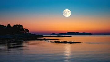 travolgente paesaggio marino con un' spettacolare lunare presenza. generativo ai foto