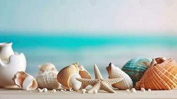 estate ispirazione vacanza composizione sfondo con spiaggia stella marina e conchiglie su bianca di legno tavolo. generativo ai foto