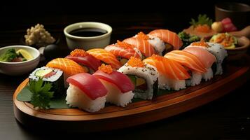 un' impostato di Sushi su il tavolo. generativo ai foto