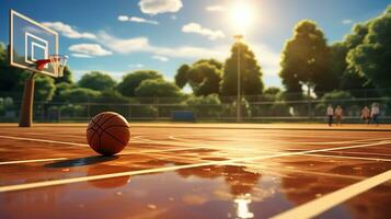 soleggiato cieli e sbattere schiacciate su il all'aperto pallacanestro Tribunale. generativo ai foto