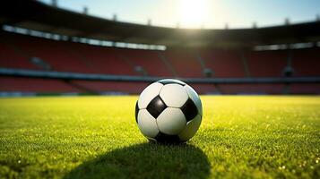 il solitario calcio palla in mezzo il vasto verde campo e torreggiante stadio sta. generativo ai foto