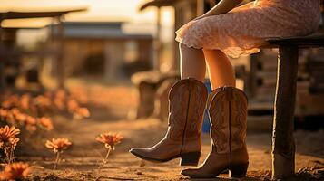 un' mucca ragazza guardare a sua cowboy stivali. generativo ai foto