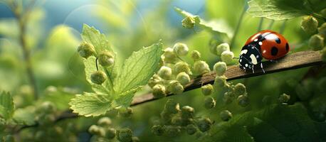 coccinella su un' pianta nel un' verde natura ambientazione con abbondanza di spazio per poliziotto ultrarealistico foto. foto