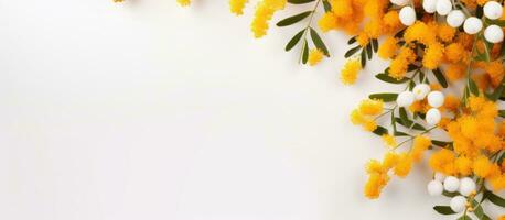 arancia e bianca primavera fondale con copia spazio con mimosa rami su bianca e giallo foto