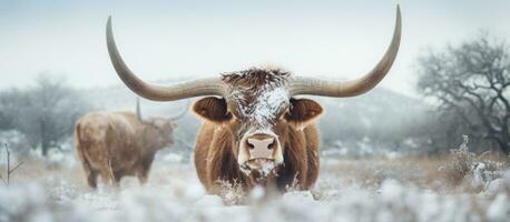 un' Texas Longhorn mucca con grande corna è visto nel il inverno con sfocato neve nel il primo piano e foto