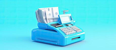 blu sfondo, terminale denaro contante Registrati macchina quello è Usato per fabbricazione pagamenti. esso include foto