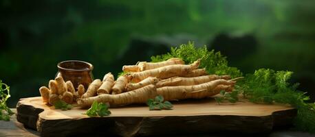 ginseng radici e fette siamo posto su un' rettangolare di legno piatto contro un' naturale sfondo foto