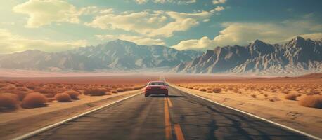 un' veicolo si imbarca su un' strada viaggio avventura attraverso un' deserto su un' caldo estate mattina. esso unità foto