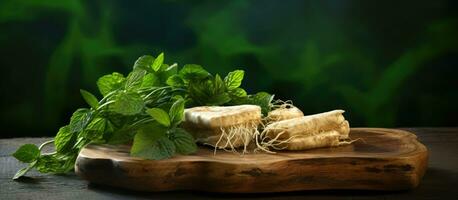 ginseng radici e fette siamo posto su un' rettangolare di legno piatto contro un' naturale sfondo foto